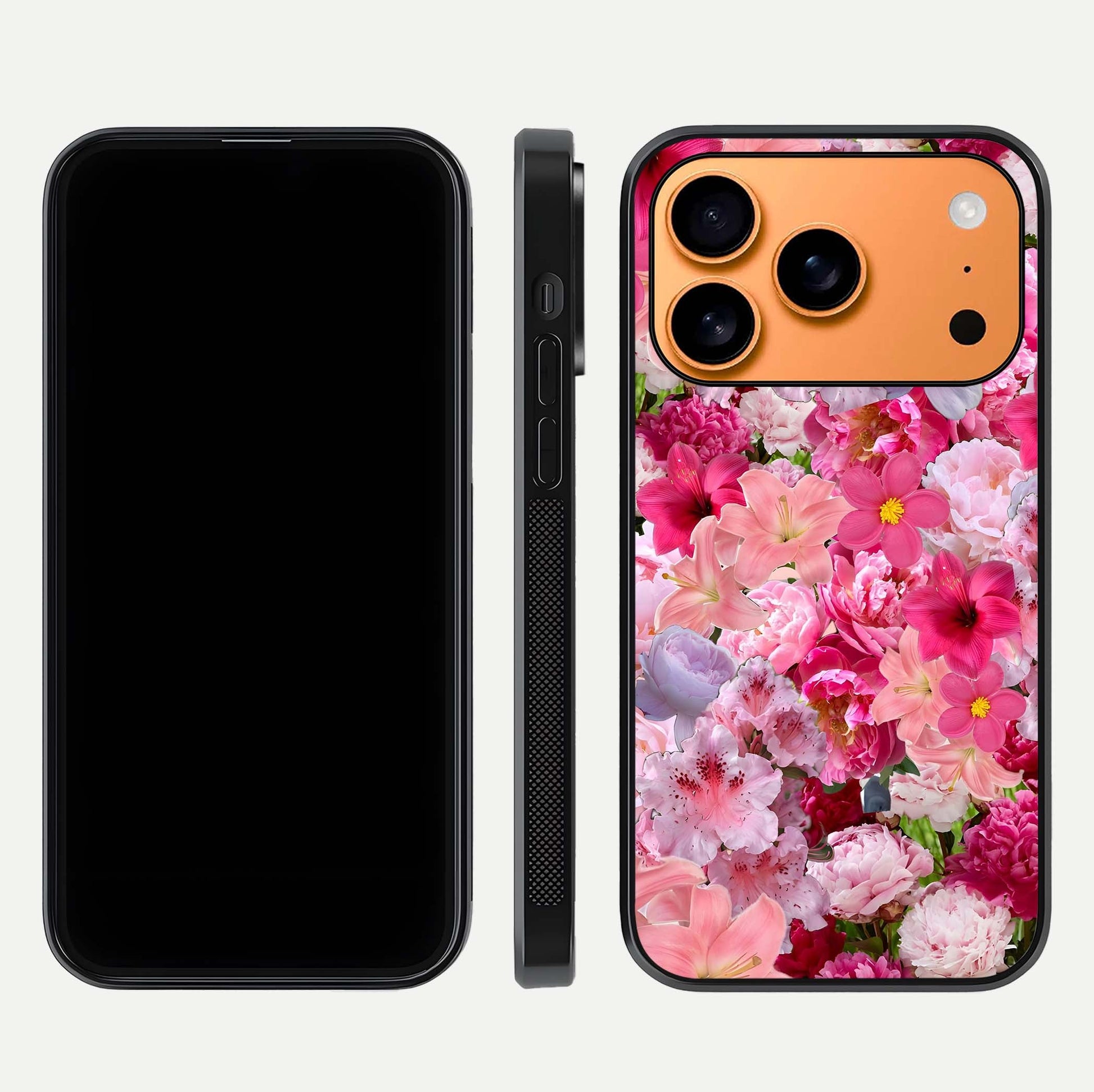 Bloom Crush Fantasy Glass Case for iPhone 17 Pro Max dual-view layout highlighting edges and premium shine