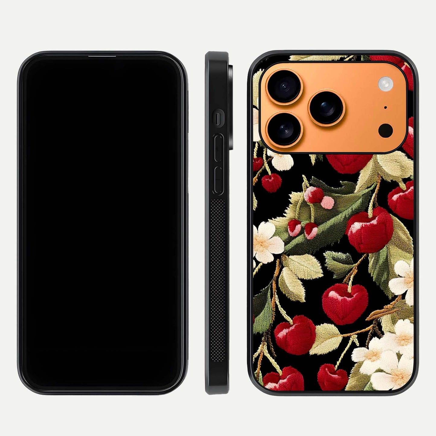 Bloom Thread Art Glass Case for iPhone 17 Pro Max front-and-back layout showing smooth edges and high-clarity print