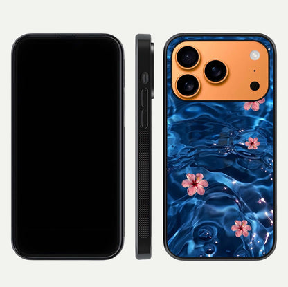 Blooming Water Drift Glass Case for iPhone 17 Pro Max front-and-back layout highlighting edge design and serene water bloom art