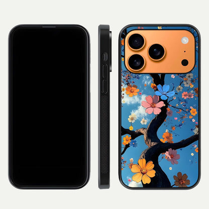 Blossom Dream Sky Glass Case for iPhone 17 Pro Max front-and-back layout showing floral print and premium edge gloss