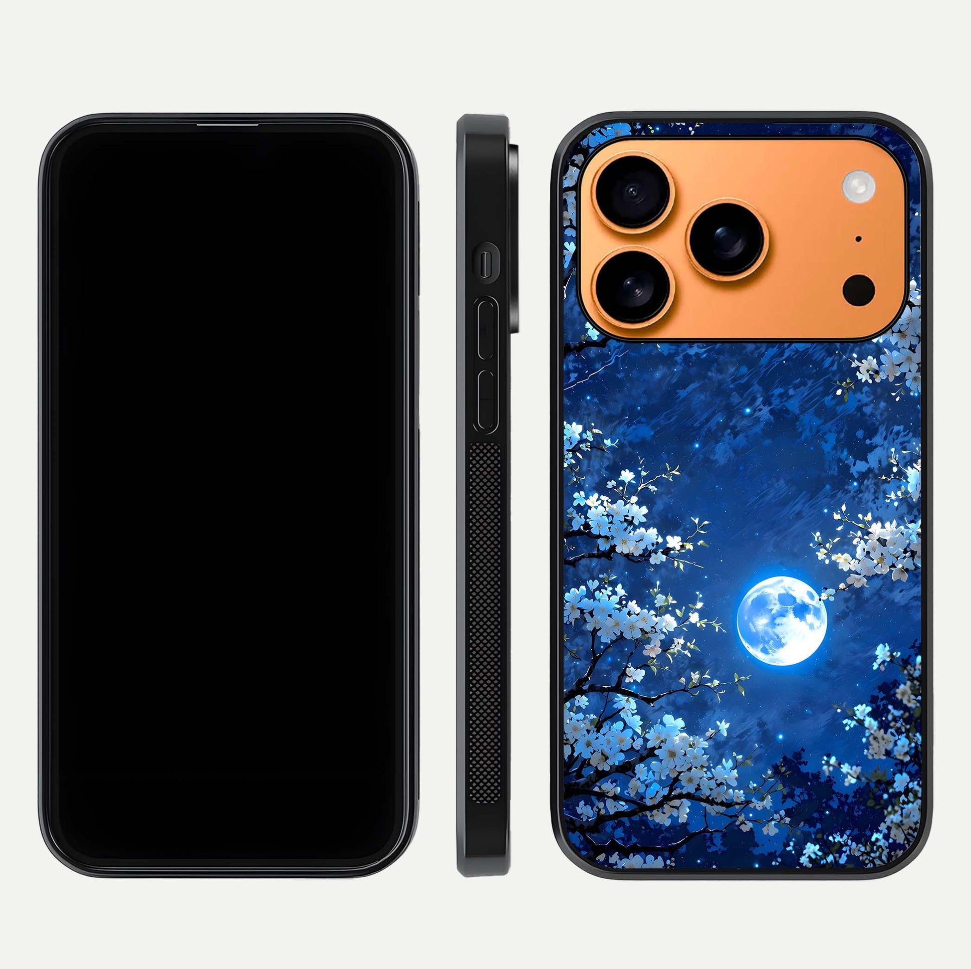 Blossom Moonlight Sky Glass Case for iPhone 17 Pro Max dual-view layout highlighting sky gradient and floral composition