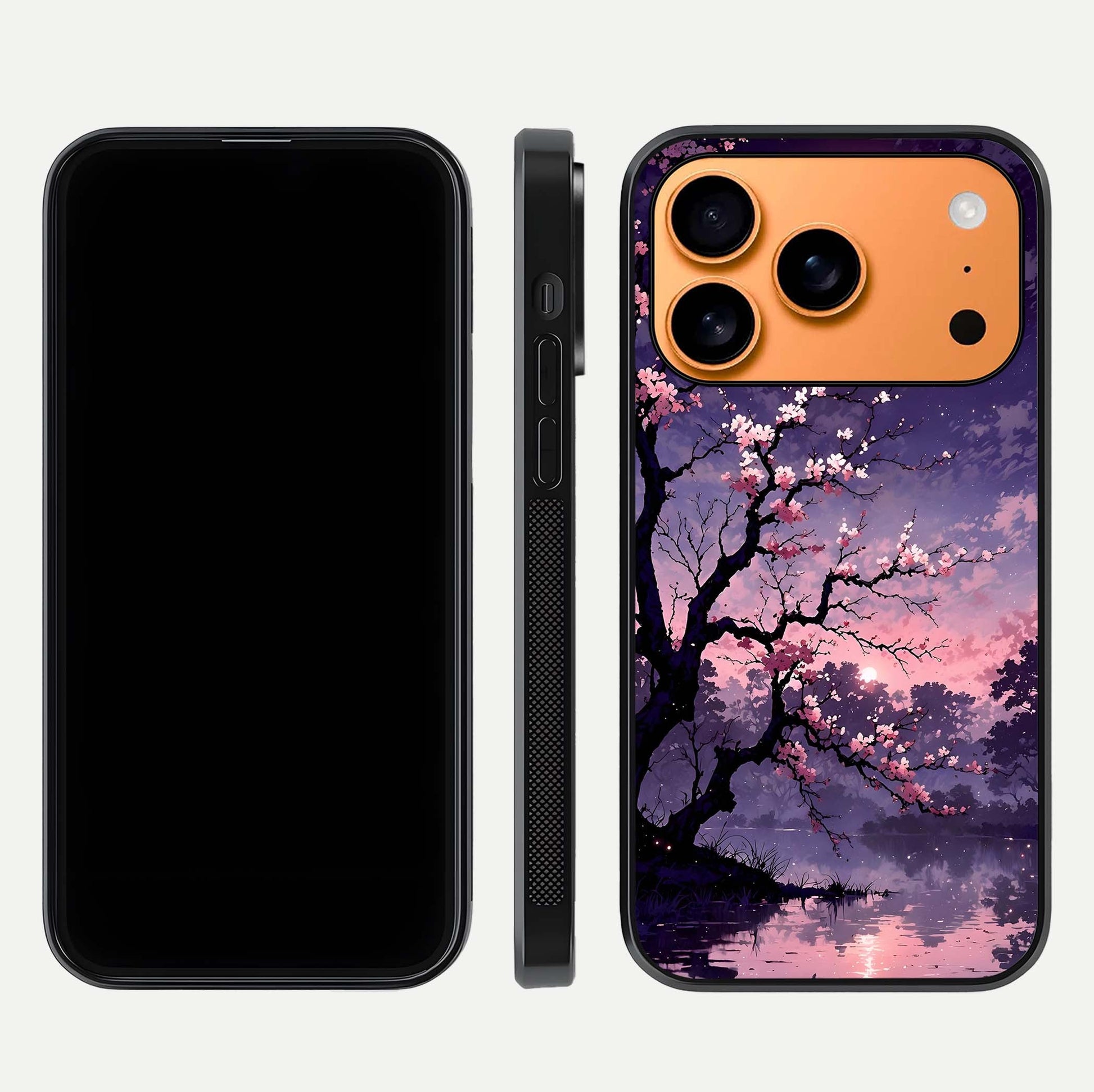 Blossom Pink Moon Glass Case for iPhone 17 Pro Max front-and-back layout showing minimal edges and artistic flower print