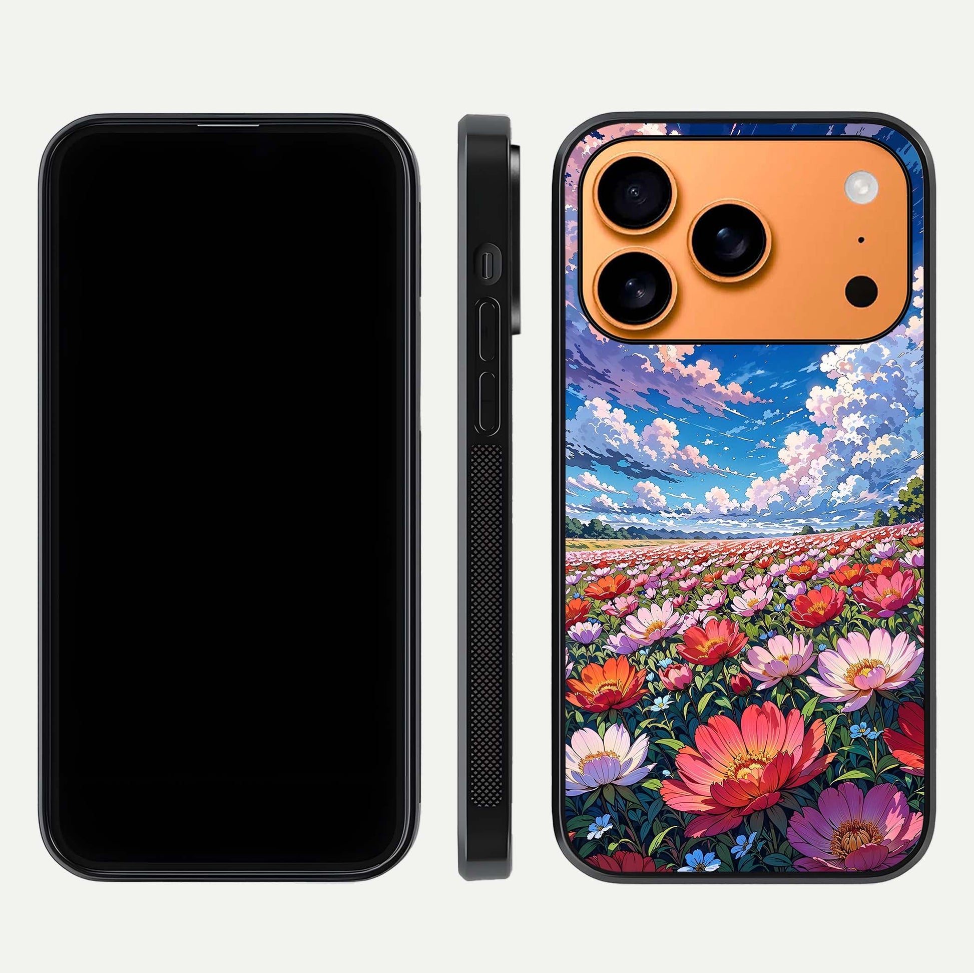 Blossom Sky Field Glass Case for iPhone 17 Pro Max front-and-back layout highlighting design edges and gloss clarity