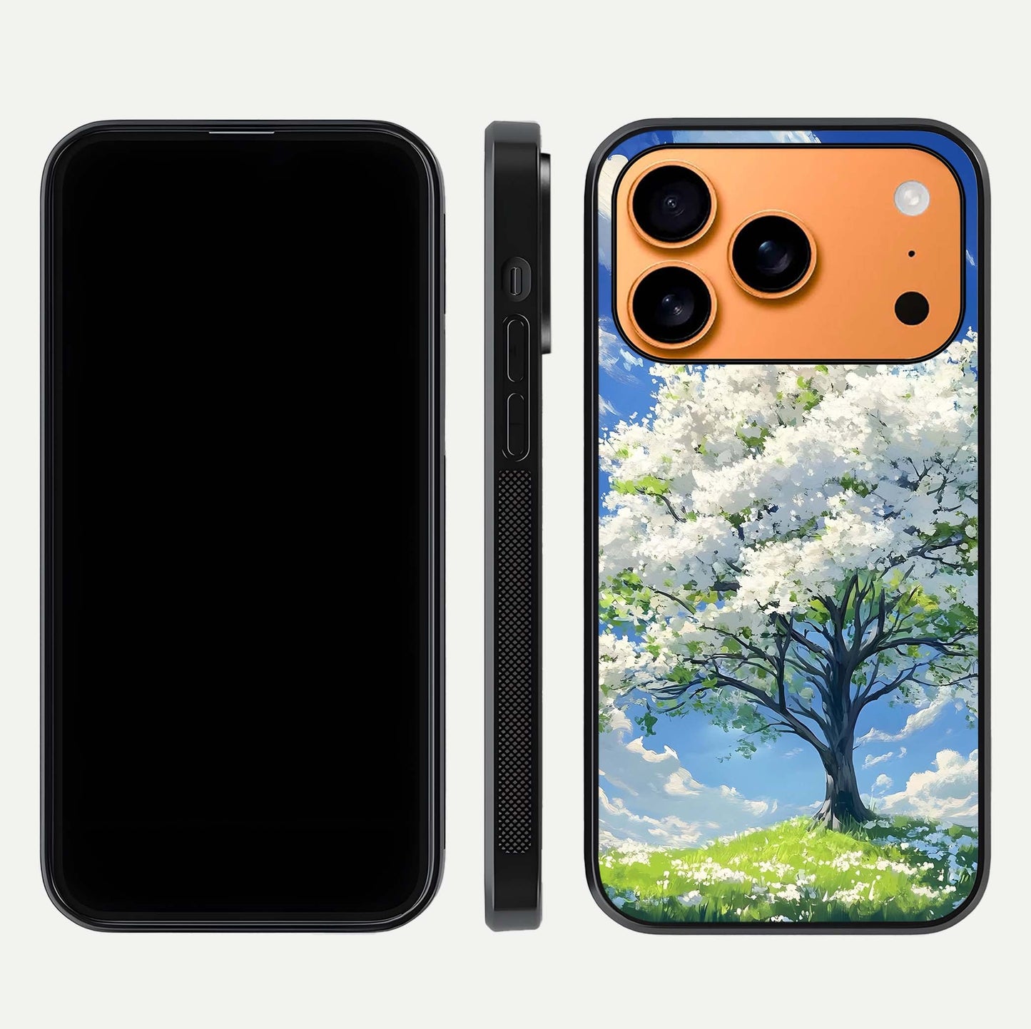 Blossom Sky Serenity Glass Case for iPhone 17 Pro Max dual-view layout showing pastel hues and soft protective edges