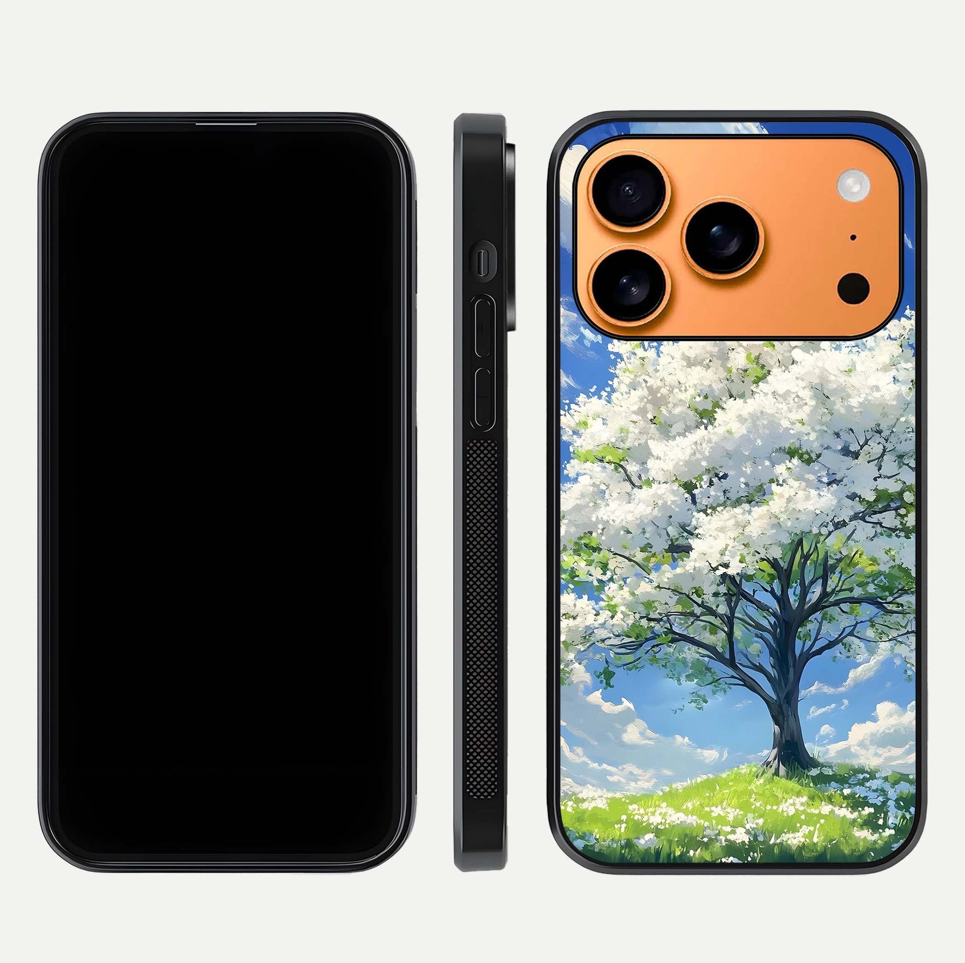 Blossom Sky Serenity Glass Case for iPhone 17 Pro Max dual-view layout showing pastel hues and soft protective edges