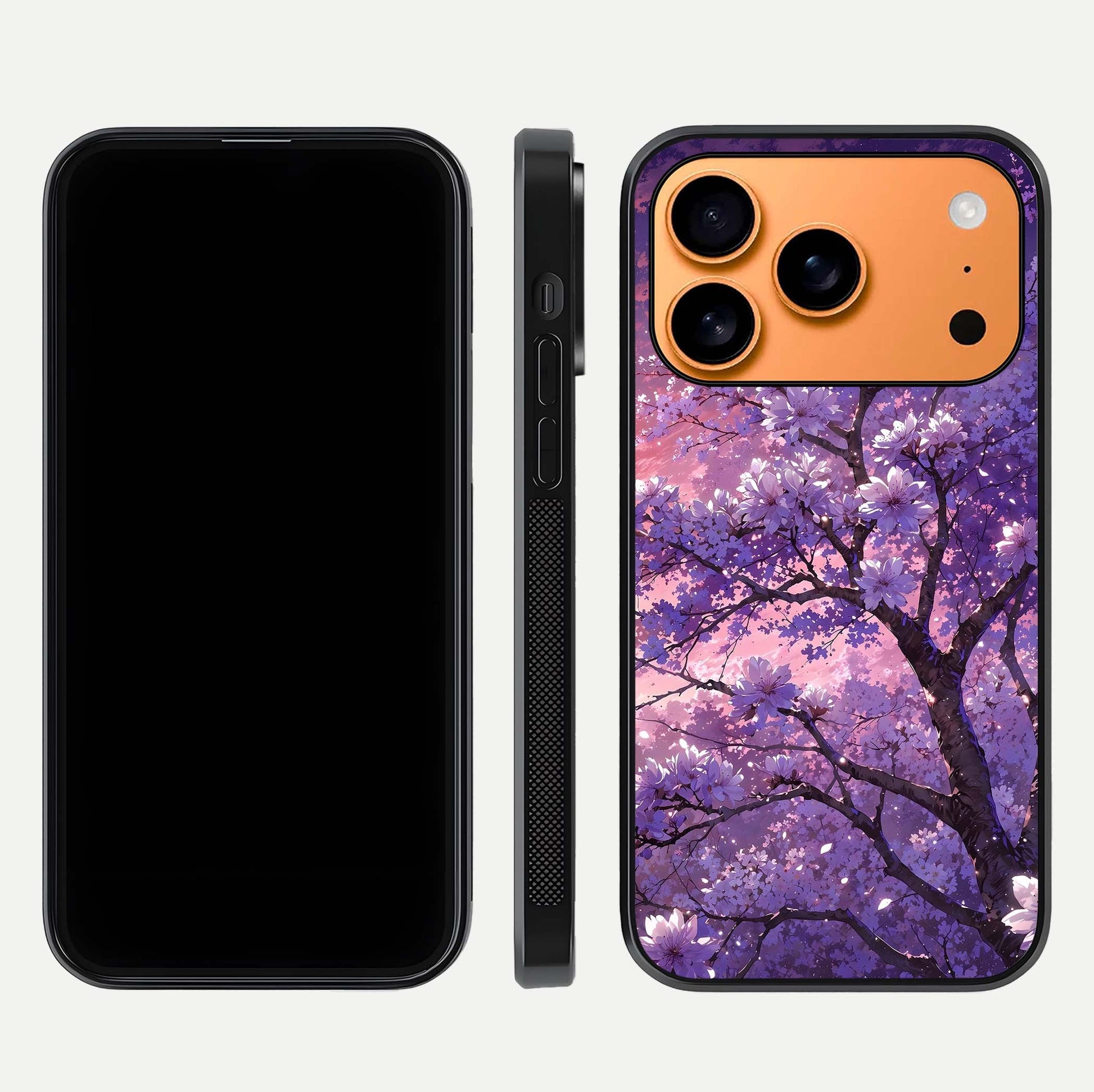 Blossom Tree Glass Case for iPhone 17 Pro Max front-and-back layout showing art alignment and gloss reflection