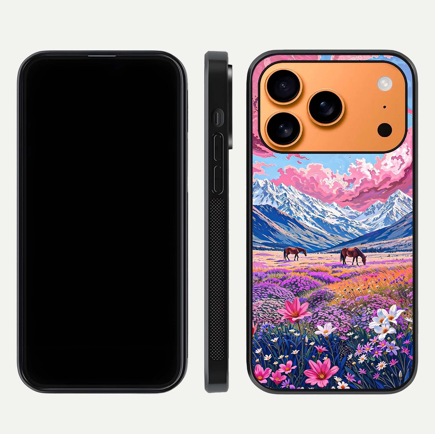 Blossom Valley Dream Glass Case for iPhone 17 Pro Max front-and-back layout highlighting glossy reflection and edge cut