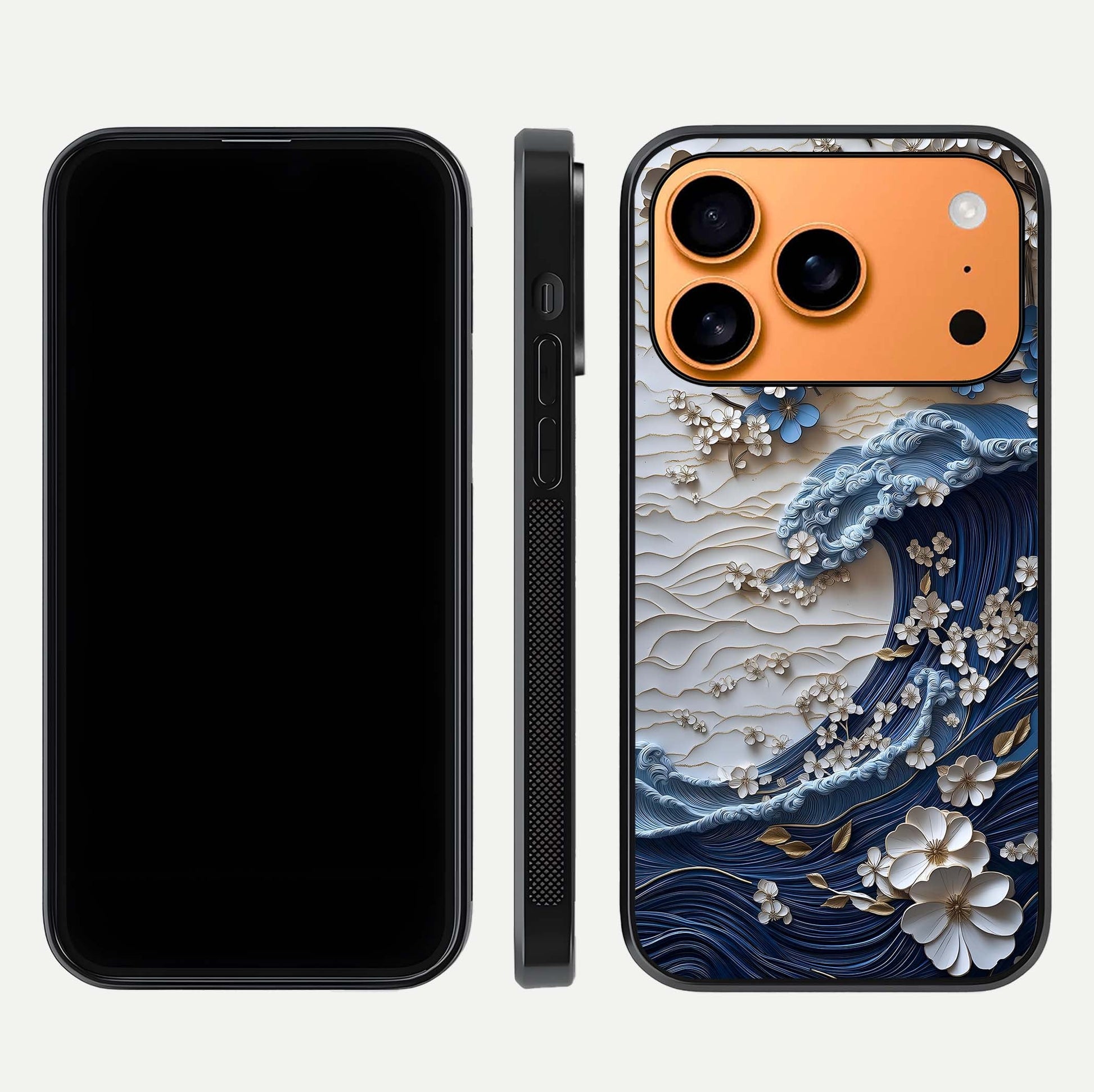 Blossom Wave Art Glass Case for iPhone 17 Pro Max front-and-back layout showing curved design and glass clarity