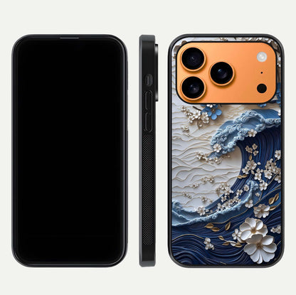 Blossom Wave Art Glass Case for iPhone 17 Pro Max front-and-back layout showing curved design and glass clarity