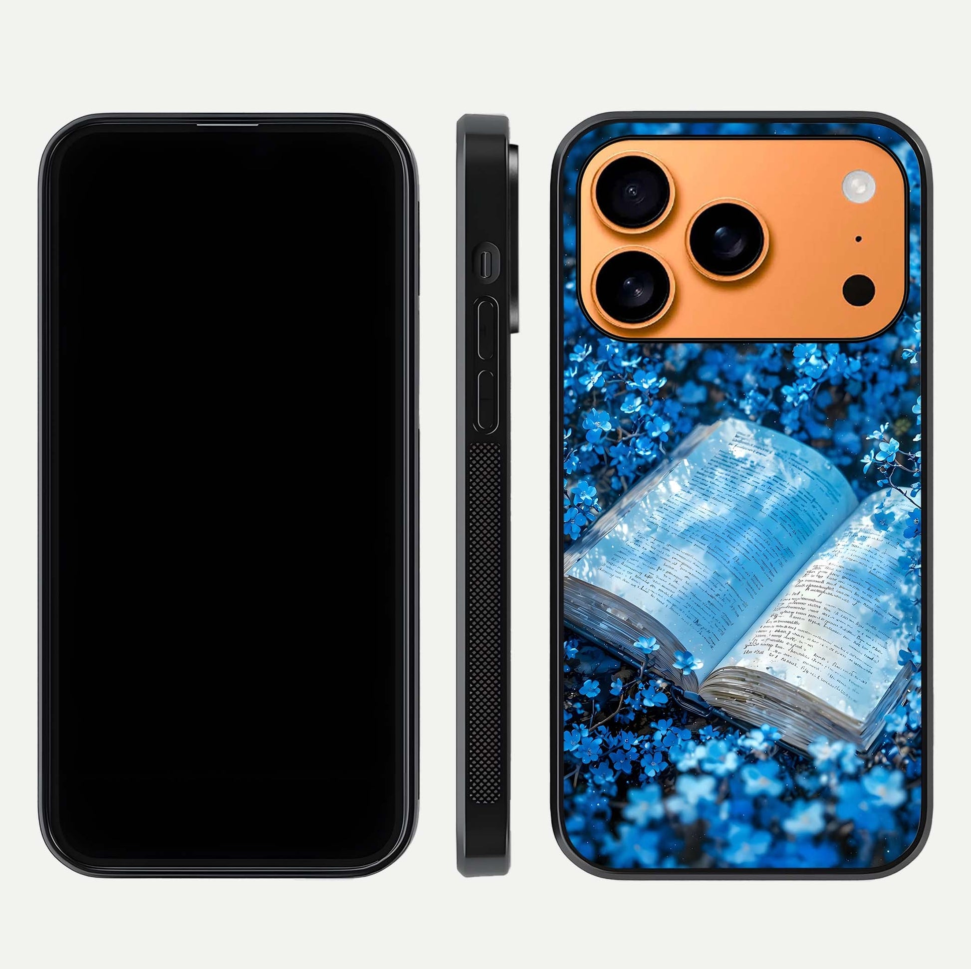Blue Bloom Tales Glass Case for iPhone 17 Pro Max dual-view layout highlighting shine, floral print, and smooth edges