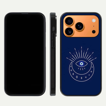 Blue Evil Eye Glass Case for iPhone 17 Pro Max front-and-back layout showing blue aura design and curved-edge clarity
