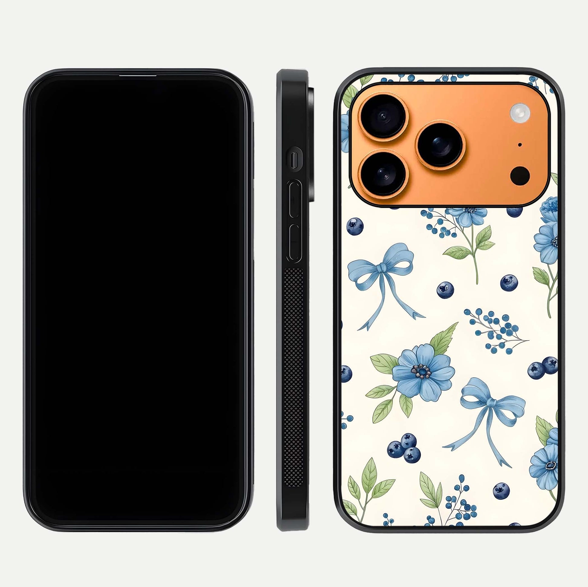 Blue Flower & Bow Glass Case for iPhone 17 Pro Max dual-view layout showing balanced pattern and smooth edges