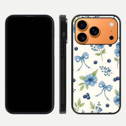 Blue Flower & Bow Glass Case for iPhone 17 Pro Max dual-view layout showing balanced pattern and smooth edges