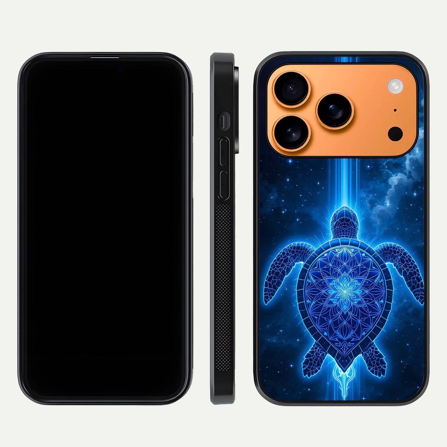 Blue Galaxy Turtle Glass Case for iPhone 17 Pro Max front-and-back layout highlighting cosmic art and reflective glass