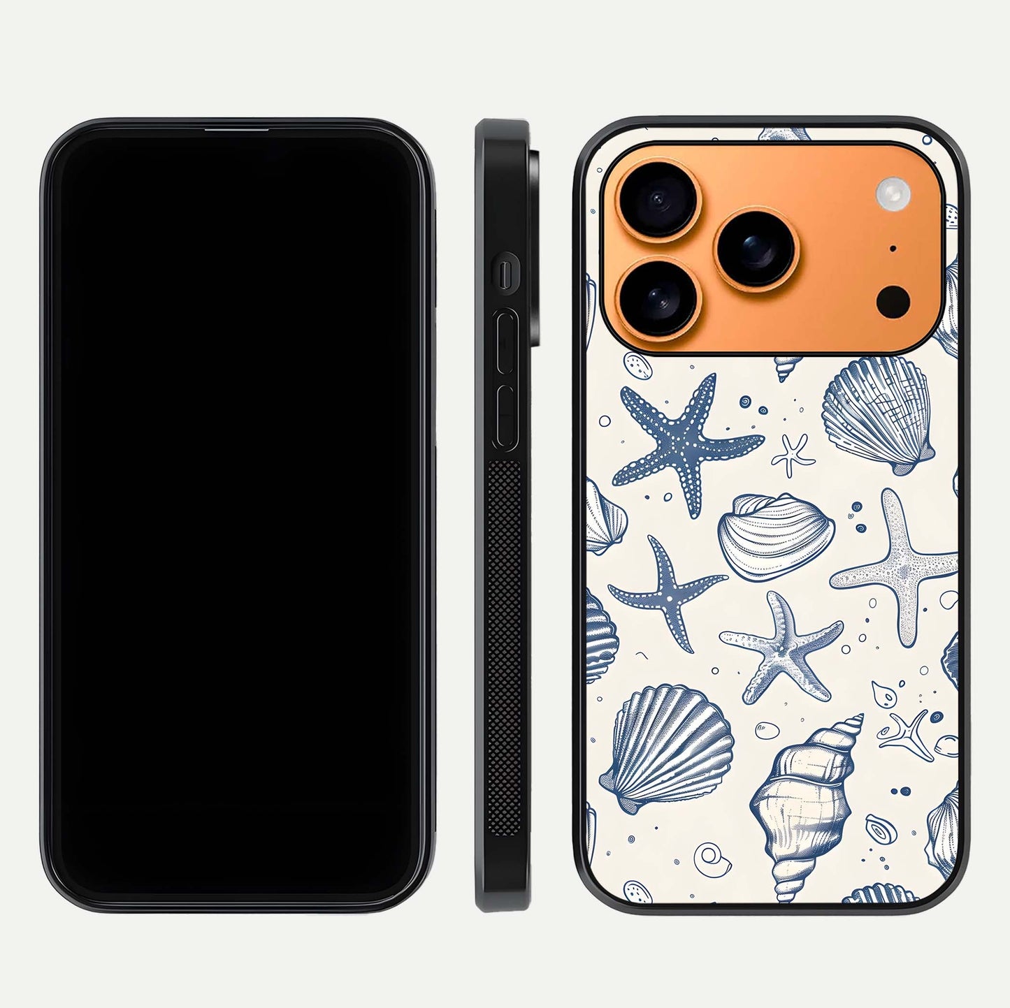 Blue Ocean Outline Glass Case for iPhone 17 Pro Max front-and-back layout showing minimal wave design and HD gloss