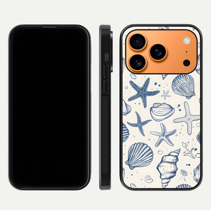 Blue Ocean Outline Glass Case for iPhone 17 Pro Max front-and-back layout showing minimal wave design and HD gloss