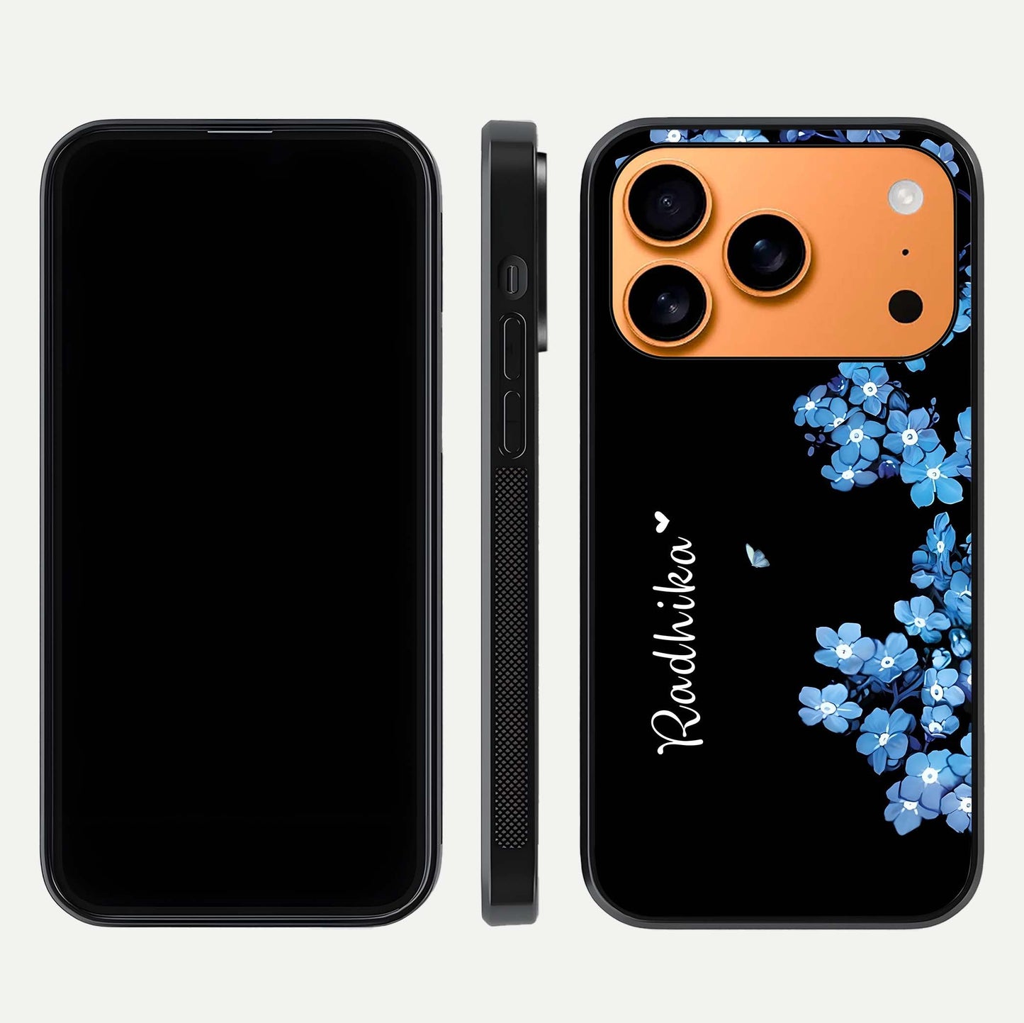Blue Petal Dream Custom Name Glass Case for iPhone 17 Pro Max dual-view layout showing text placement and premium finish