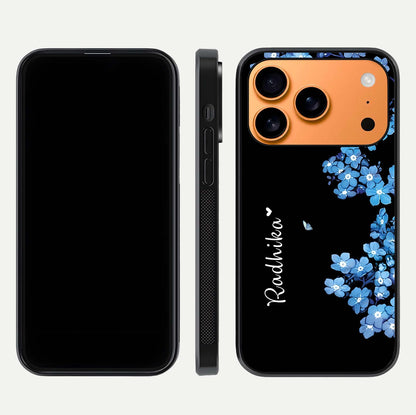 Blue Petal Dream Custom Name Glass Case for iPhone 17 Pro Max dual-view layout showing text placement and premium finish