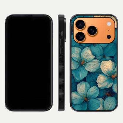 Blue Shade Floral Glass Case for iPhone 17 Pro Max front-and-back layout displaying bloom contrast and edge polish