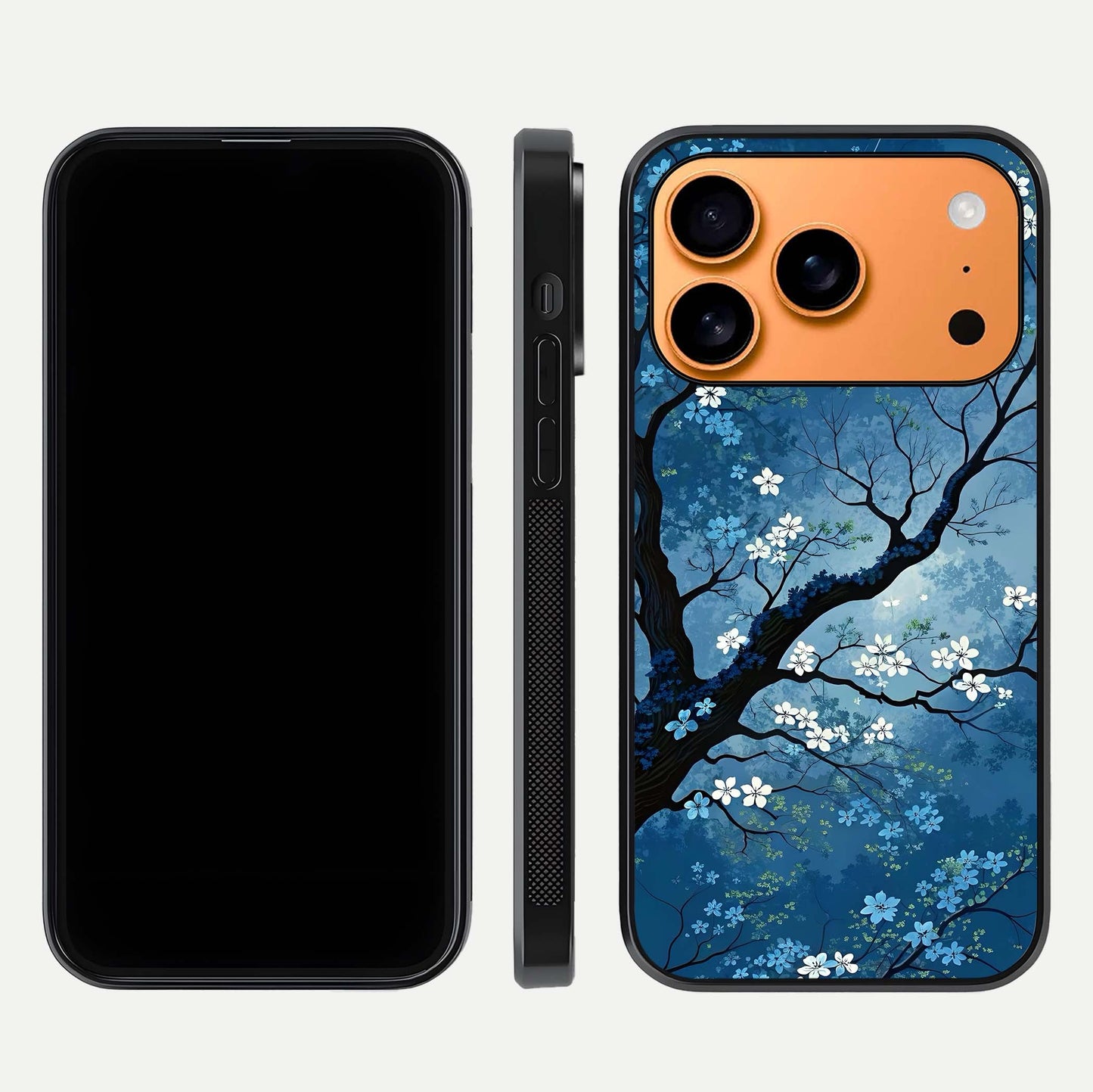 Blue Tree Serenity Glass Case for iPhone 17 Pro Max front-and-back layout showing gradient background and smooth edges