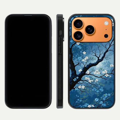 Blue Tree Serenity Glass Case for iPhone 17 Pro Max front-and-back layout showing gradient background and smooth edges