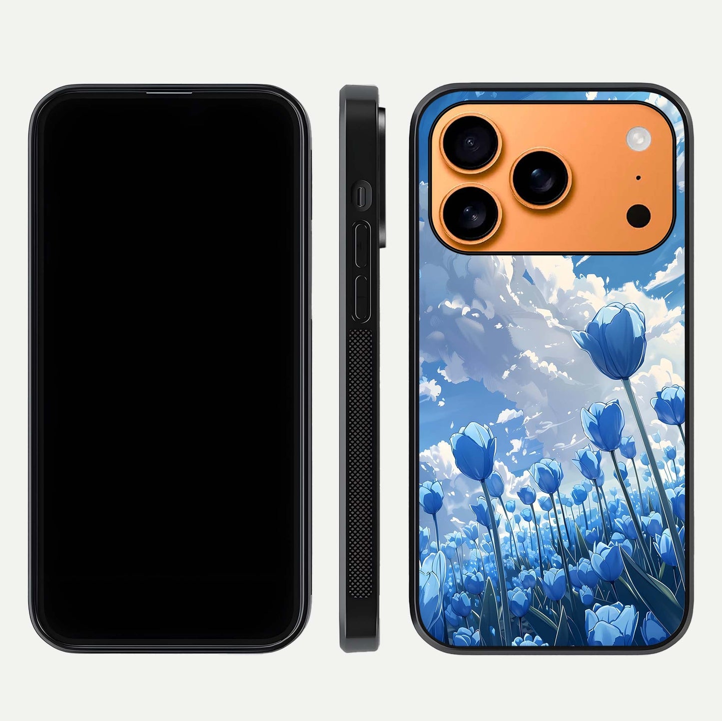 Blue Tulip Clouds Glass Case for iPhone 17 Pro Max front-and-back layout showcasing floral detail and polished edges