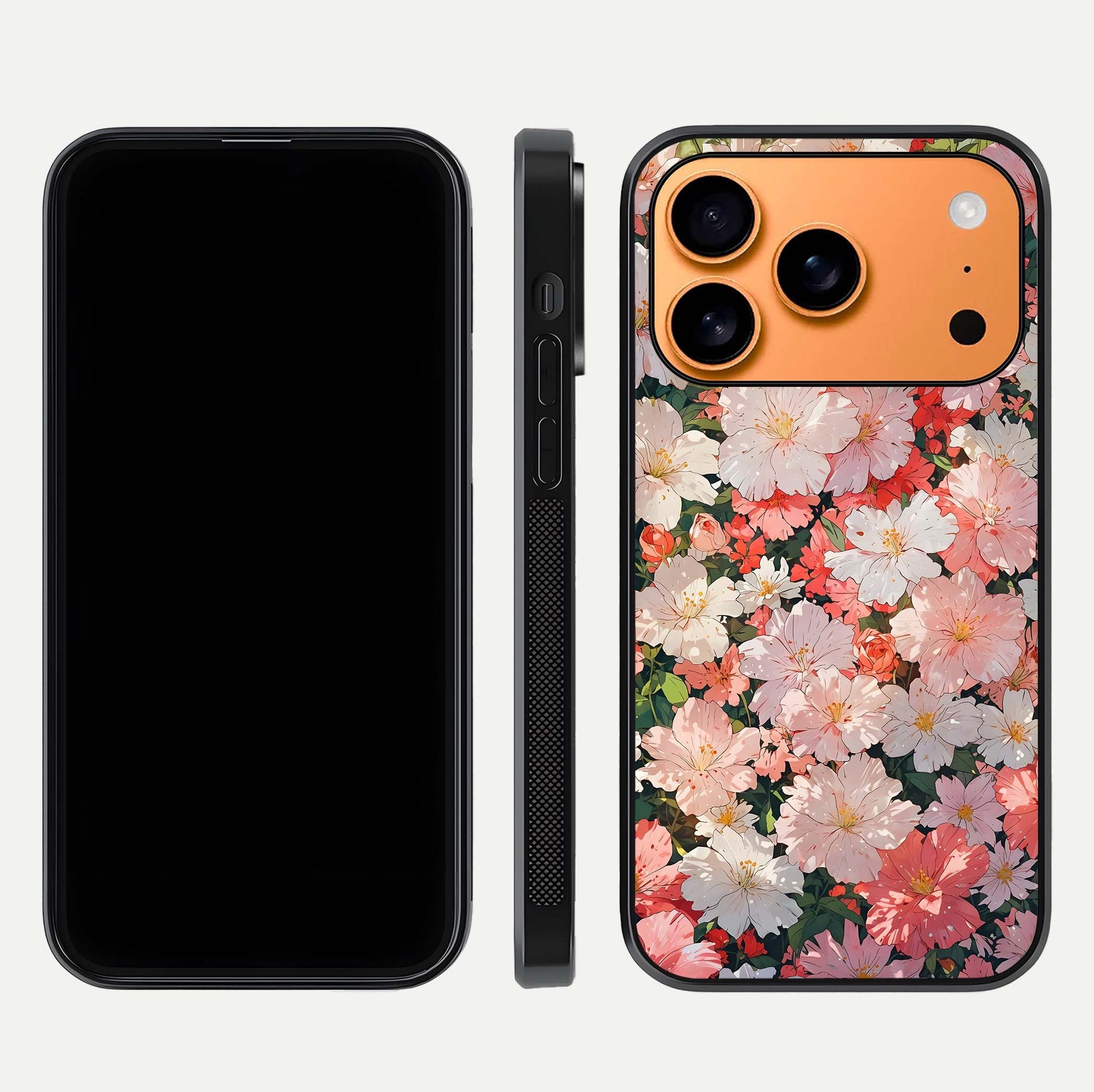 Blush Bloom Field Glass Case for iPhone 17 Pro Max dual-view layout showing bloom arrangement and protective frame