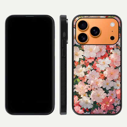 Blush Bloom Field Glass Case for iPhone 17 Pro Max dual-view layout showing bloom arrangement and protective frame