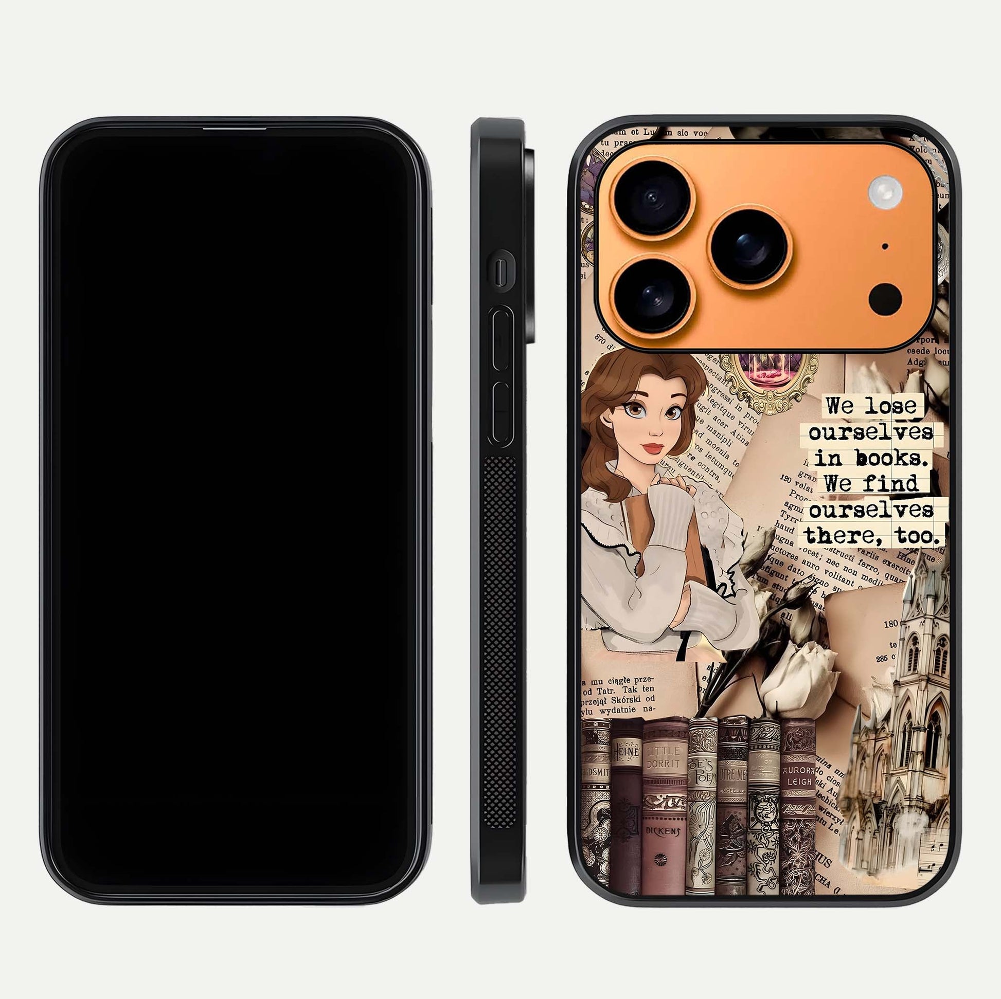 Bookish Dream World Glass Case for iPhone 17 Pro Max dual-view layout displaying colorful fantasy print and edge finish