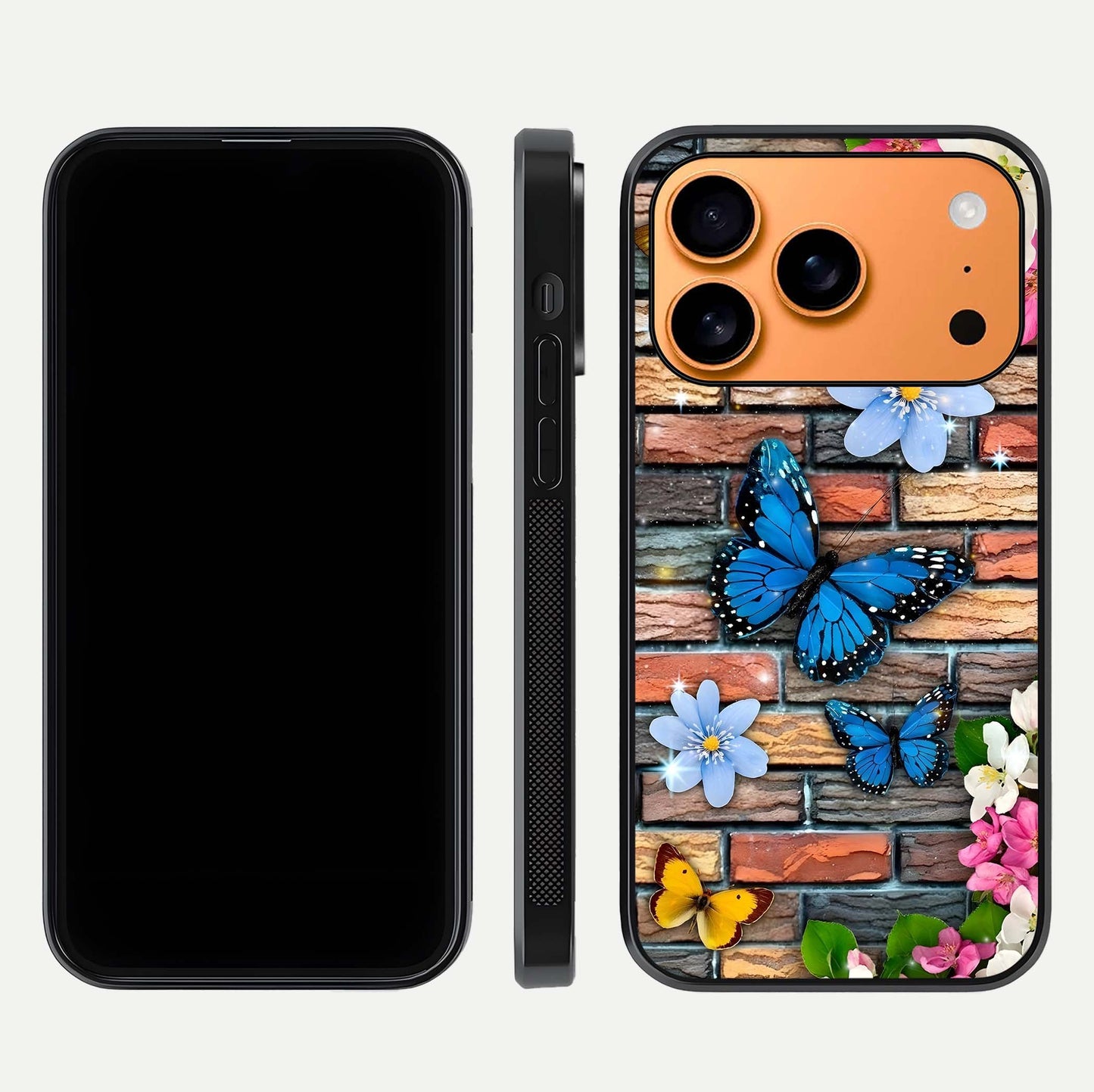 Brick Bloom Flight Glass Case for iPhone 17 Pro Max dual-view layout showing bloom placement and protective edge design