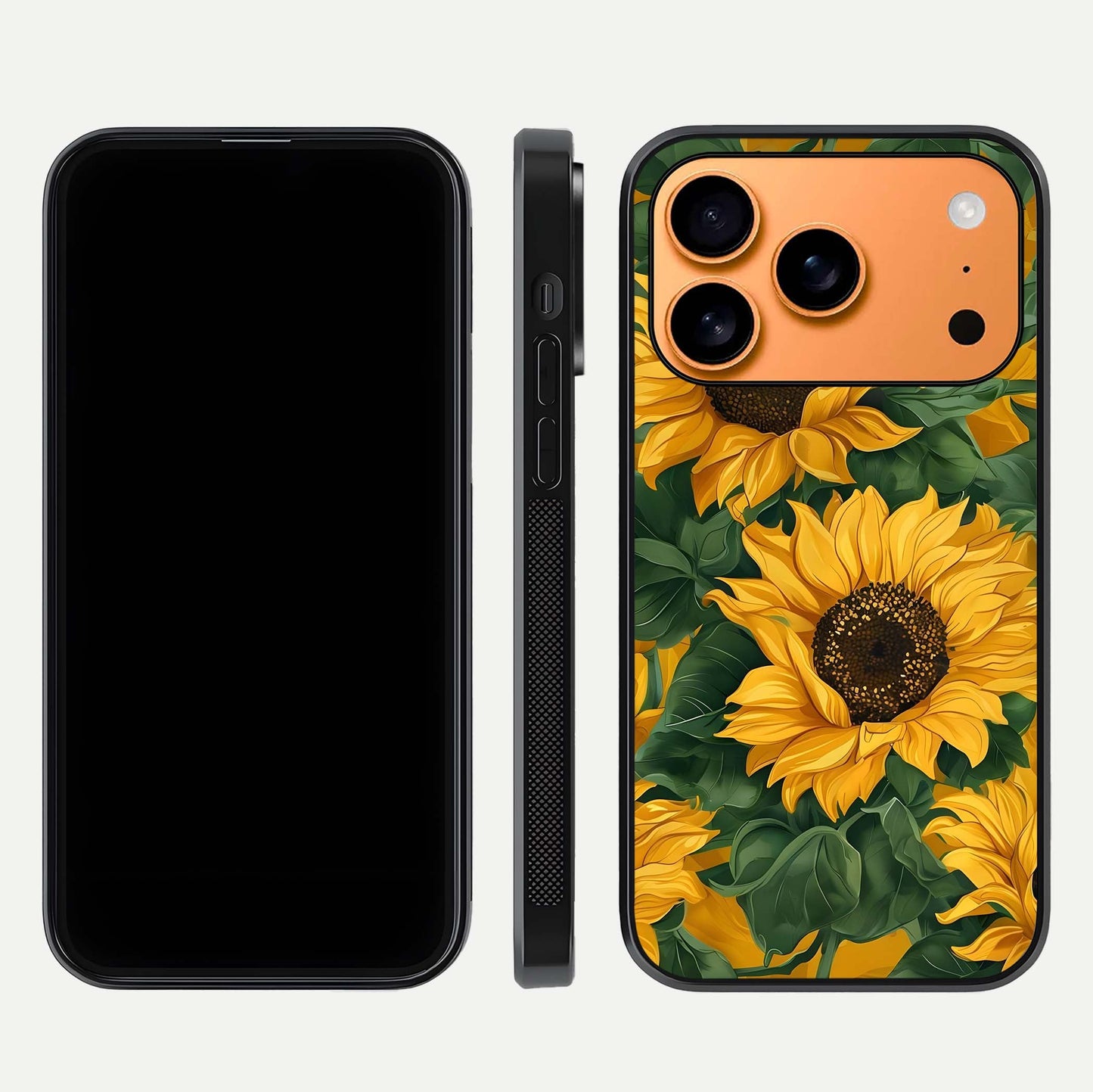 Bright Sunflower Bloom Glass Case for iPhone 17 Pro Max dual-view layout displaying floral glow and curved glass edge