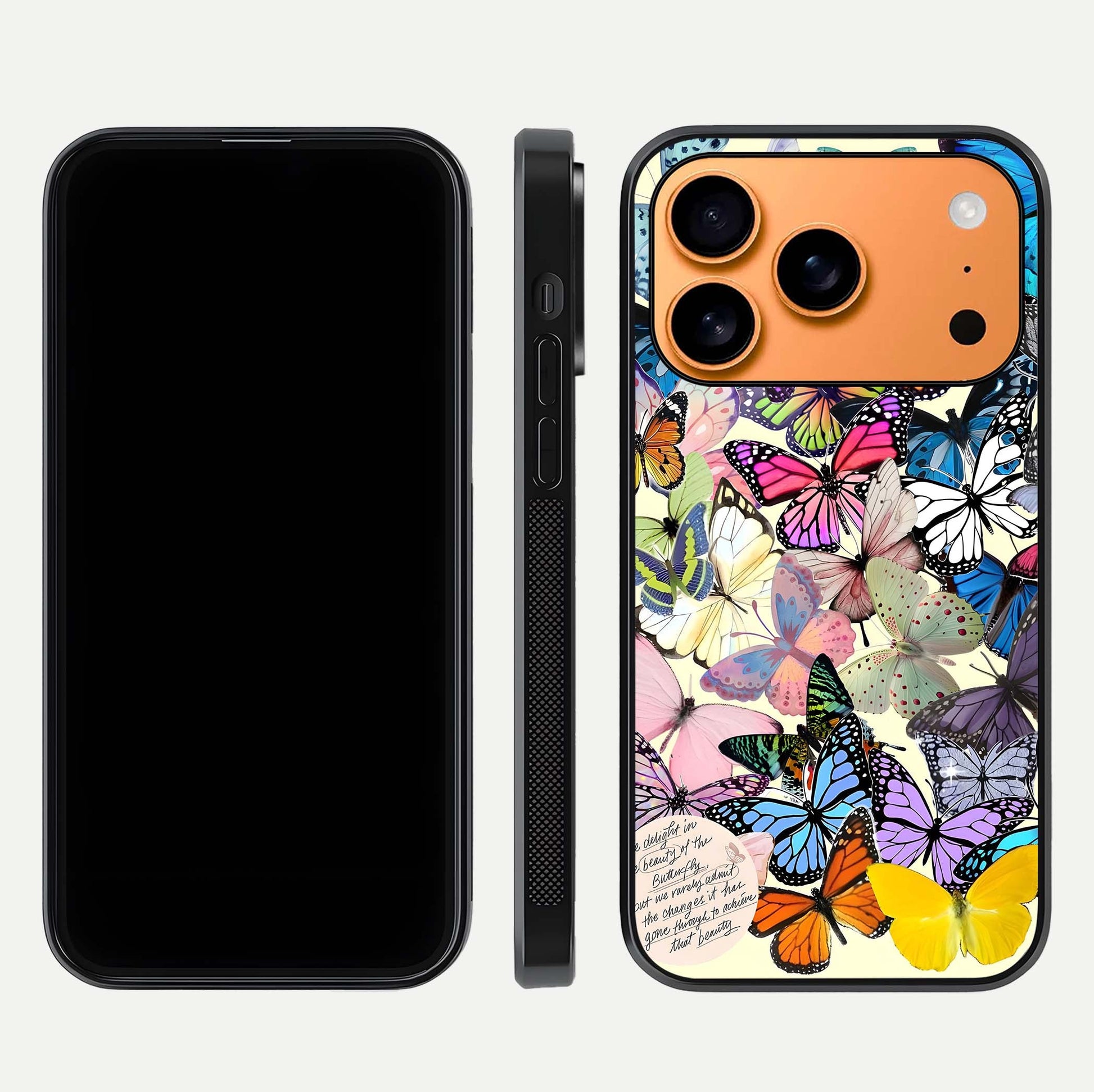 Butterflies Petal Dream Glass Case for iPhone 17 Pro Max front-and-back layout showcasing floral spread and reflection shine