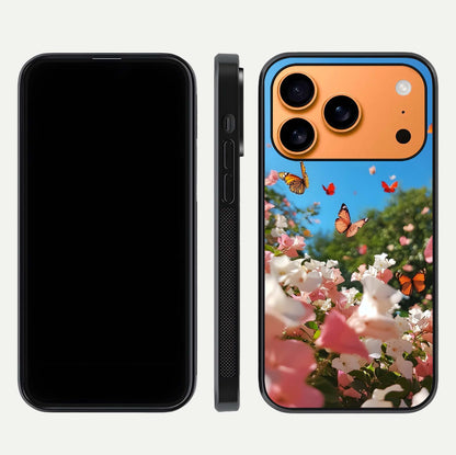 Butterflies in Bloom Sky Glass Case for iPhone 17 Pro Max dual-view layout displaying elegant composition and glass gloss