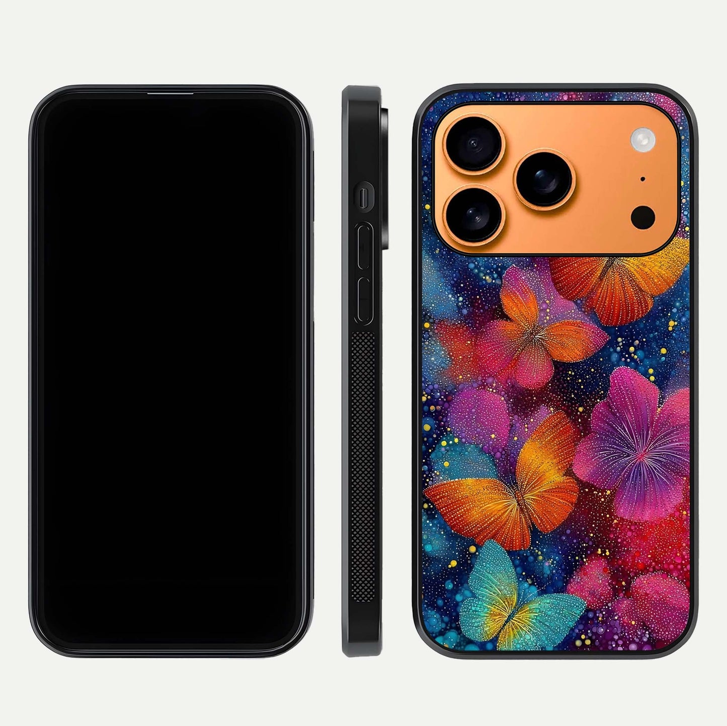 Butterfly Dream Mist Glass Case for iPhone 17 Pro Max dual-view layout showing mist background and edge polish