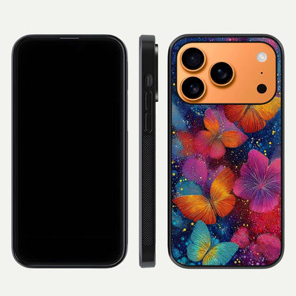 Butterfly Dream Mist Glass Case for iPhone 17 Pro Max dual-view layout showing mist background and edge polish