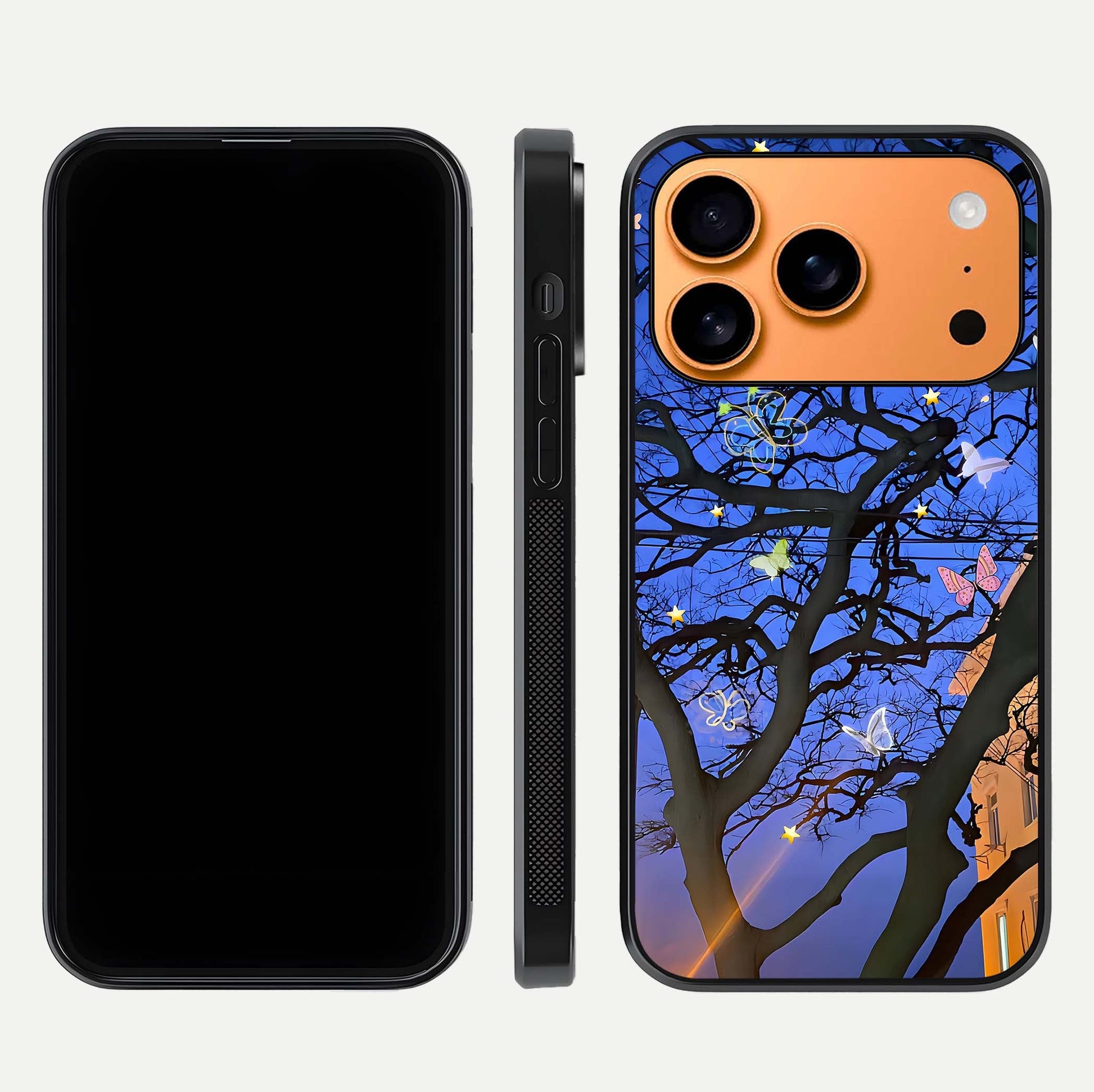 Butterfly Night Magic Glass Case for iPhone 17 Pro Max dual-view layout displaying balanced art and edge clarity