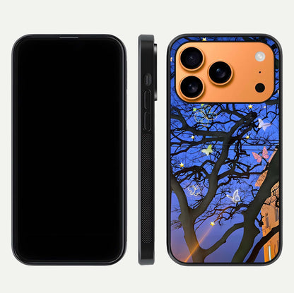 Butterfly Night Magic Glass Case for iPhone 17 Pro Max dual-view layout displaying balanced art and edge clarity