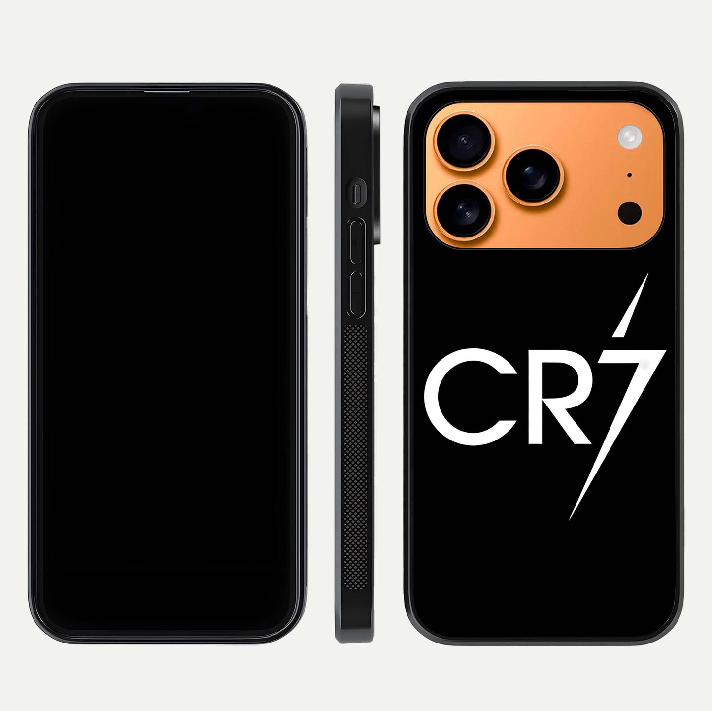 CR7 Elite Strike Glass Case for iPhone 17 Pro Max dual-view layout showing sport tones and edge clarity