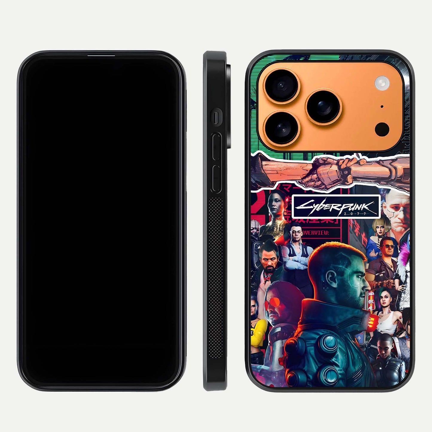CYBERPUNK Legacy Glass Case for iPhone 17 Pro Max dual-view layout showing cyberpunk hues and glass precision