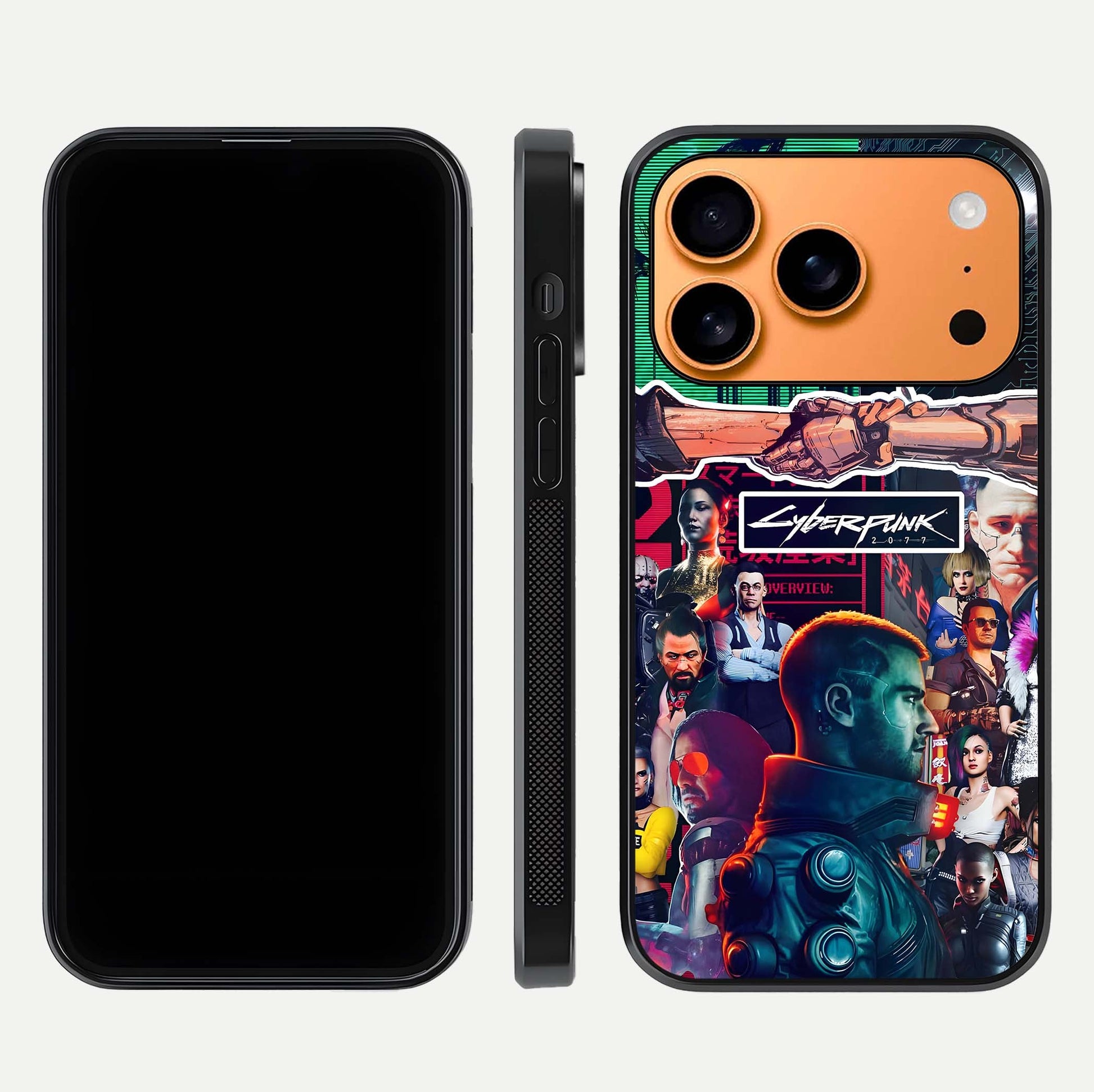 CYBERPUNK Legacy Glass Case for iPhone 17 Pro Max dual-view layout showing cyberpunk hues and glass precision