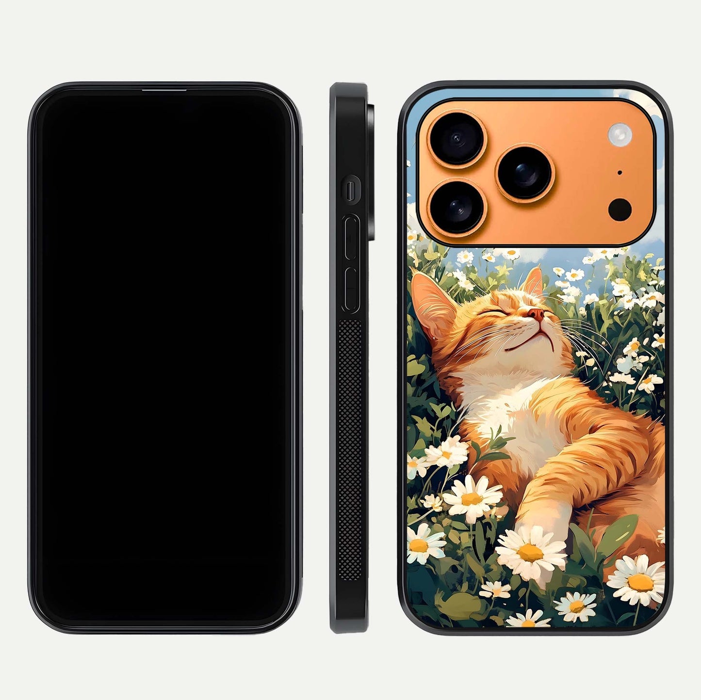 Cat & Flowers View Glass Case for iPhone 17 Pro Max front-and-back layout showing floral balance and gloss surface