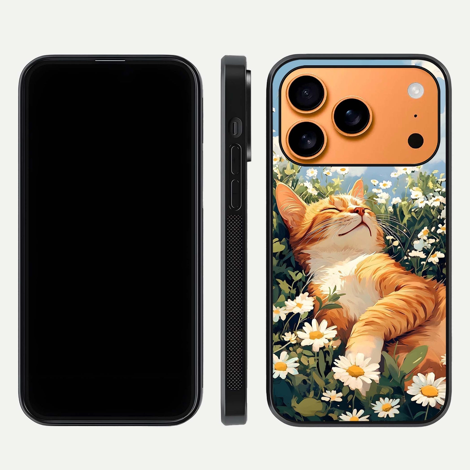 Cat & Flowers View Glass Case for iPhone 17 Pro Max front-and-back layout showing floral balance and gloss surface