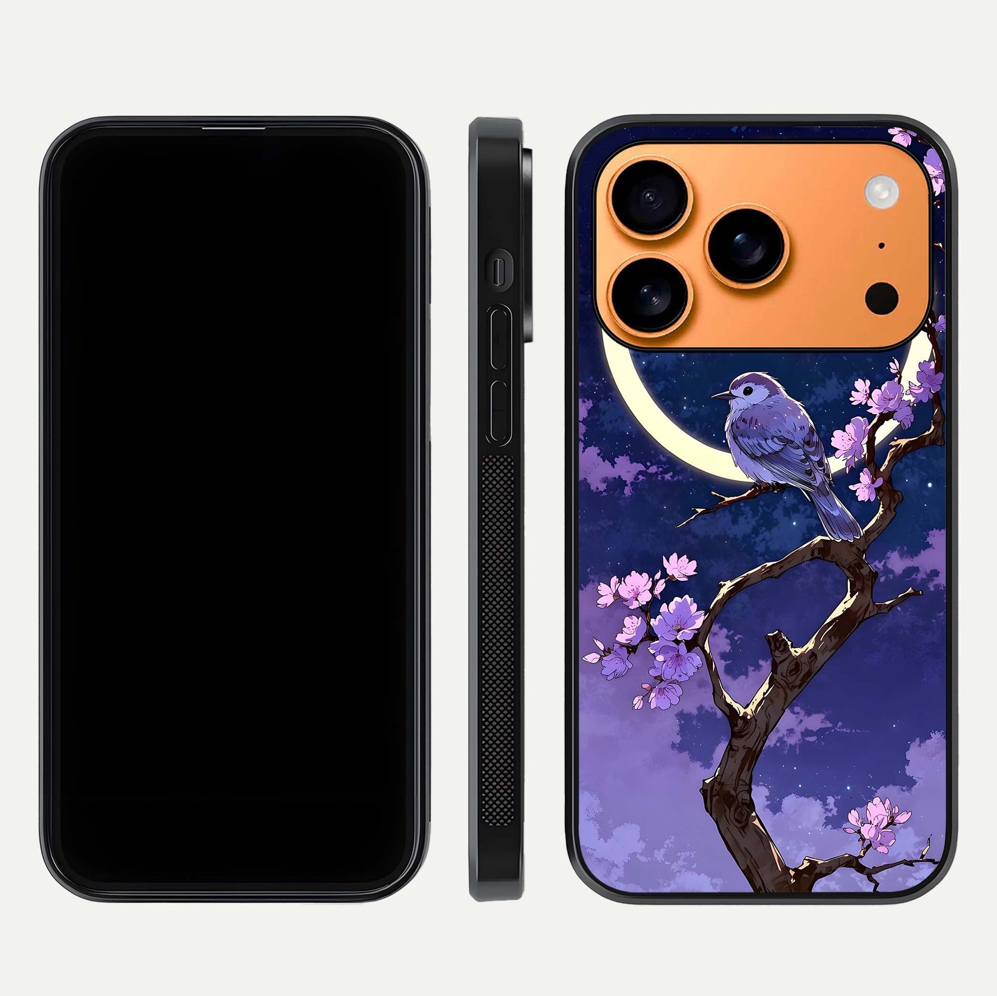 Celestial Bird Blossom Glass Case for iPhone 17 Pro Max dual-view layout showing art composition and edge clarity