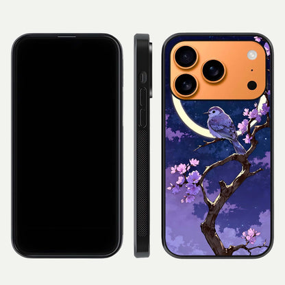 Celestial Bird Blossom Glass Case for iPhone 17 Pro Max dual-view layout showing art composition and edge clarity