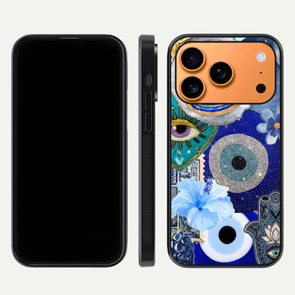 Celestial Blue Vision Glass Case for iPhone 17 Pro Max dual-view layout showing celestial gradient and curved edges