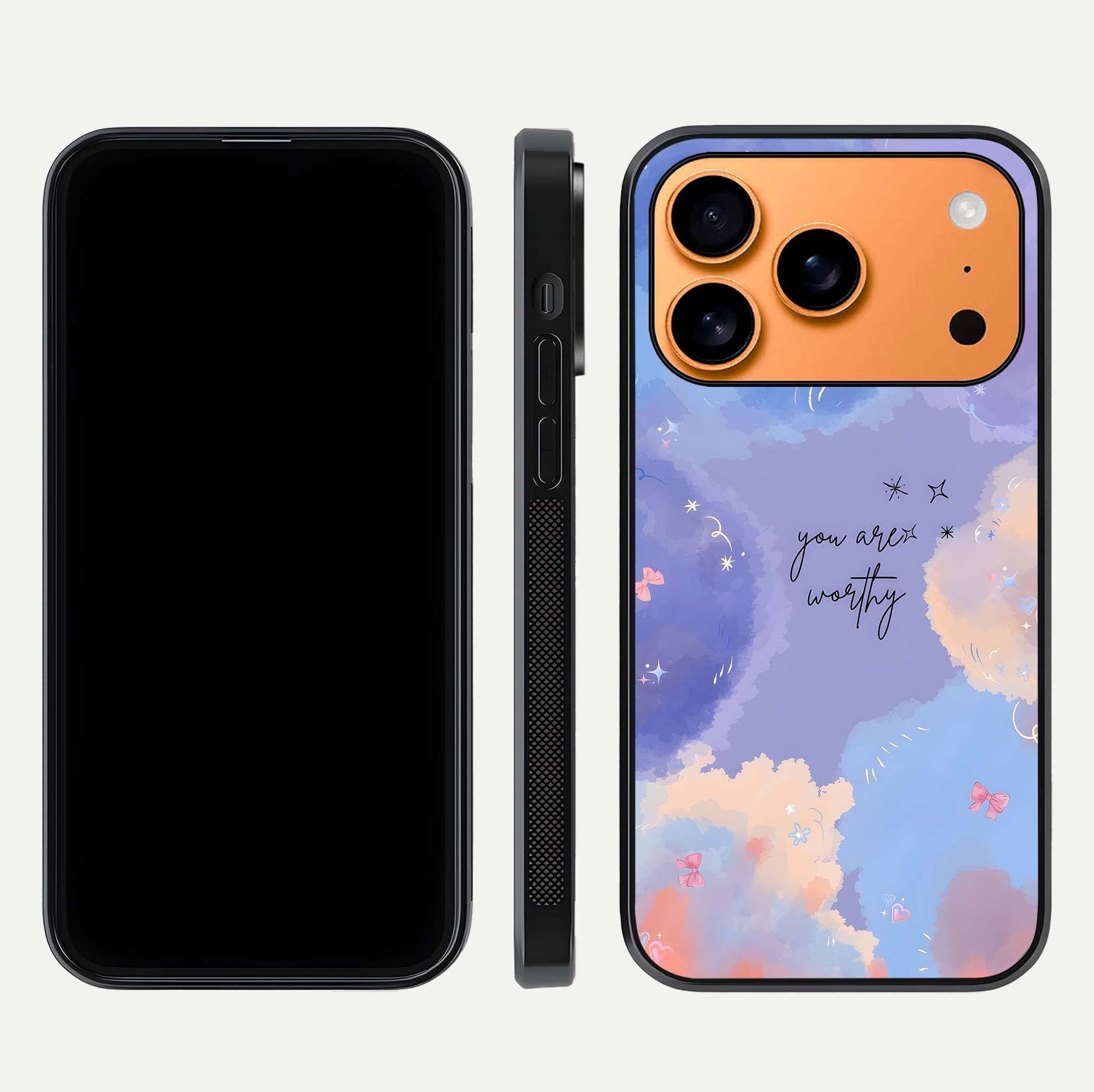 Celestial Cloud Magic Glass Case for iPhone 17 Pro Max dual-view layout showcasing soft color transition and gloss shine