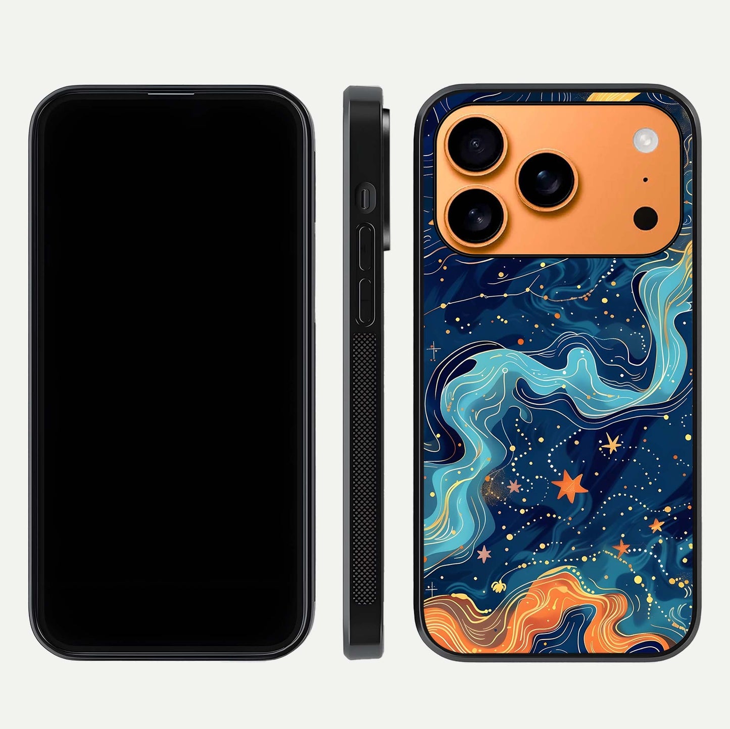 Celestial Dream Flow Glass Case for iPhone 17 Pro Max dual-view layout showing abstract flow and curved glass
