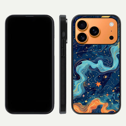 Celestial Dream Flow Glass Case for iPhone 17 Pro Max dual-view layout showing abstract flow and curved glass