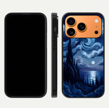 Celestial Dream Van Gogh Glass Case for iPhone 17 Pro Max dual-view layout displaying art texture and glass polish