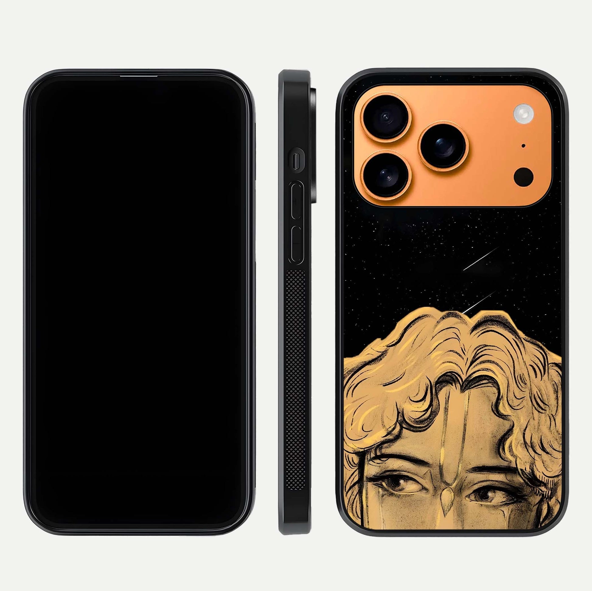 Celestial God’s Plan Glass Case for iPhone 17 Pro Max front & back layout showing smooth finish and spiritual art